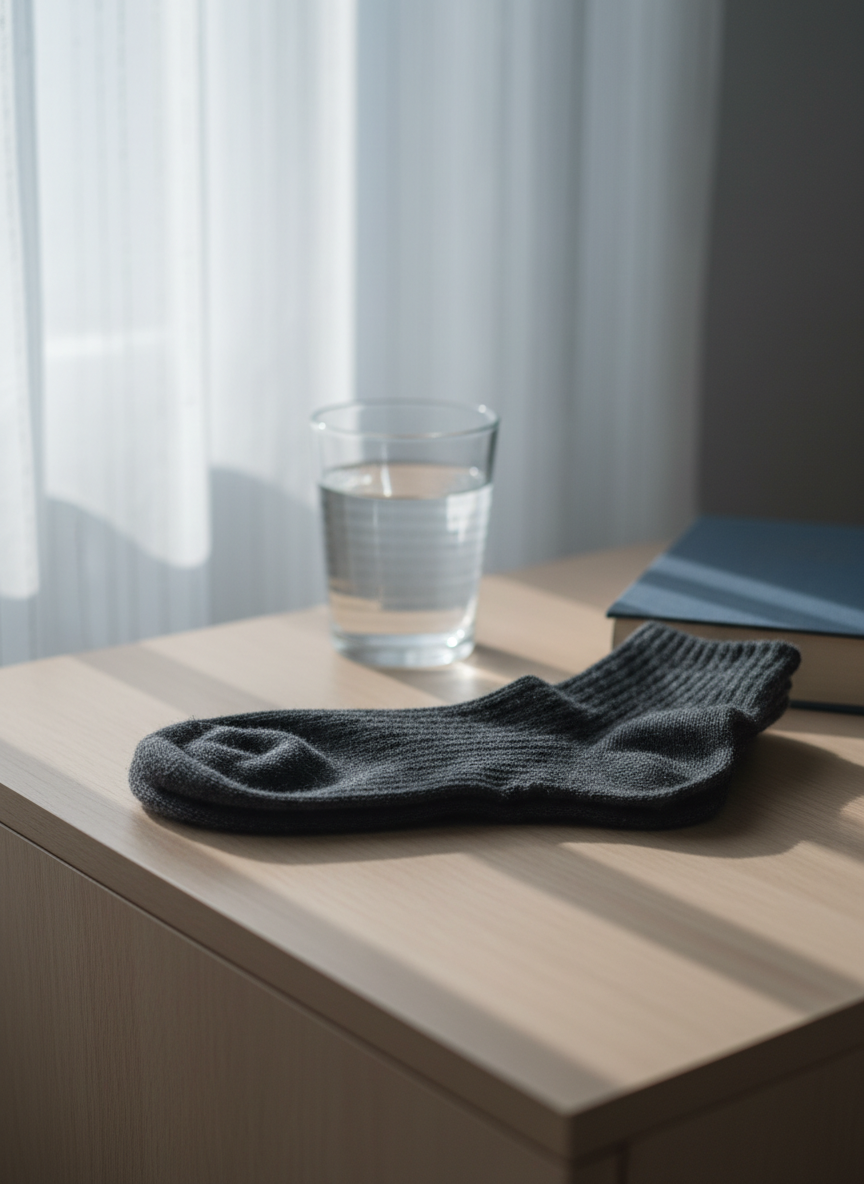 A single, neatly folded pair of dark charcoal wool socks with a fine ribbed texture, resting alone on a smooth, pale oak nightstand. One sock is slightly askew, revealing the empty space where its partner should be, the fabric edges softened by wear. Behind it, a simple glass of water and a closed, clothbound book in muted navy sit out of focus. Late afternoon light filters through a sheer curtain, casting a cool, diffused glow and long, gentle shadows. Photographic realism, eye-level composition with shallow depth of field, emphasizing the quiet absence and sophisticated melancholy of a room that remembers more than it reveals.