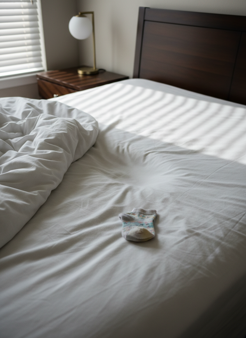 An unmade bed with crisp white cotton sheets slightly tangled, revealing a faint impression of where a body once lay, beside a small, patterned sock left alone near the edge of the mattress. The sock is pastel-toned with a subtle geometric design, its fabric slightly worn at the heel. A dark wooden headboard and a minimalist night lamp frame the background. Early morning light seeps through half-closed blinds, drawing soft linear patterns across the bedding. Shot from a slightly elevated angle in photographic realism, with a calm, contemplative mood that highlights the intimate emptiness and the space someone has left behind.